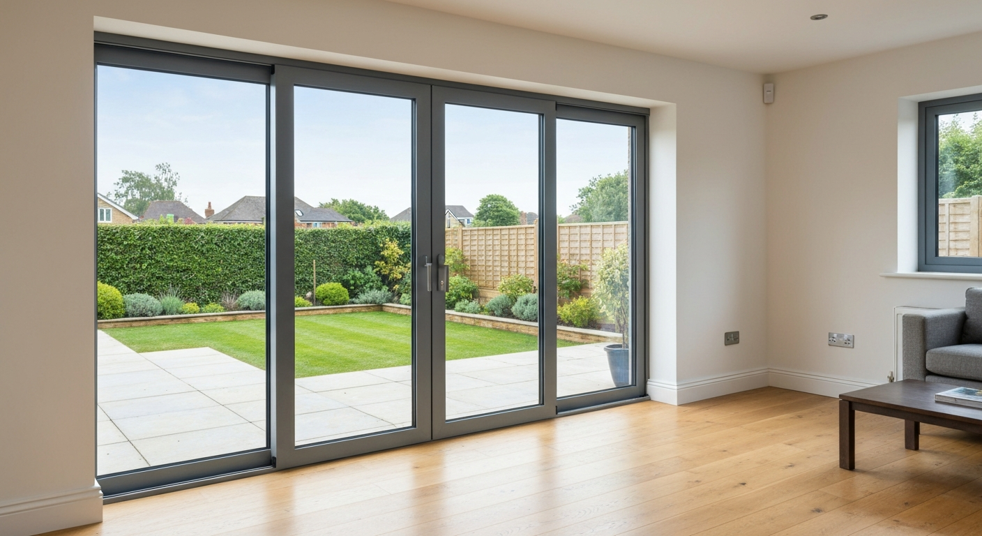 Modern anthracite aluminium sliding patio doors opening onto a garden with a low-profile threshold.