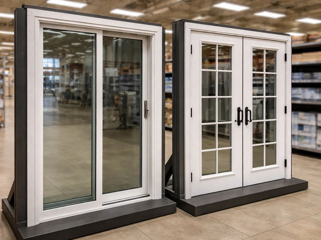 Close-up of patio door samples in a home improvement showroom aisle, showing sliding and French styles.