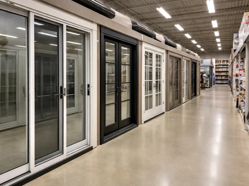Big-box home improvement store patio door aisle with multiple sliding and French door displays