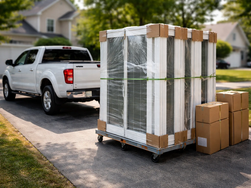 Pickup truck parked by staged patio door units wrapped for delivery on a residential driveway