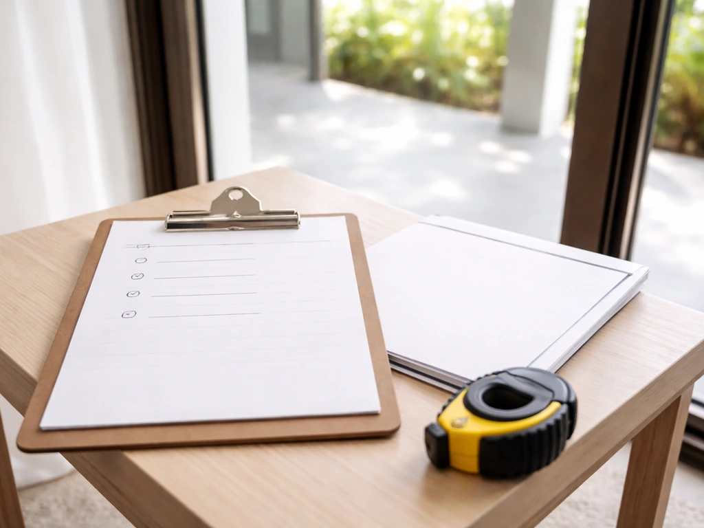 Clipboard checklist beside patio door frame and glass specs, ready to discuss with a sales rep.