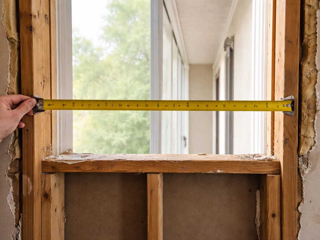 Tape measure measuring the rough opening in a wall frame for a patio door, near the framing studs.