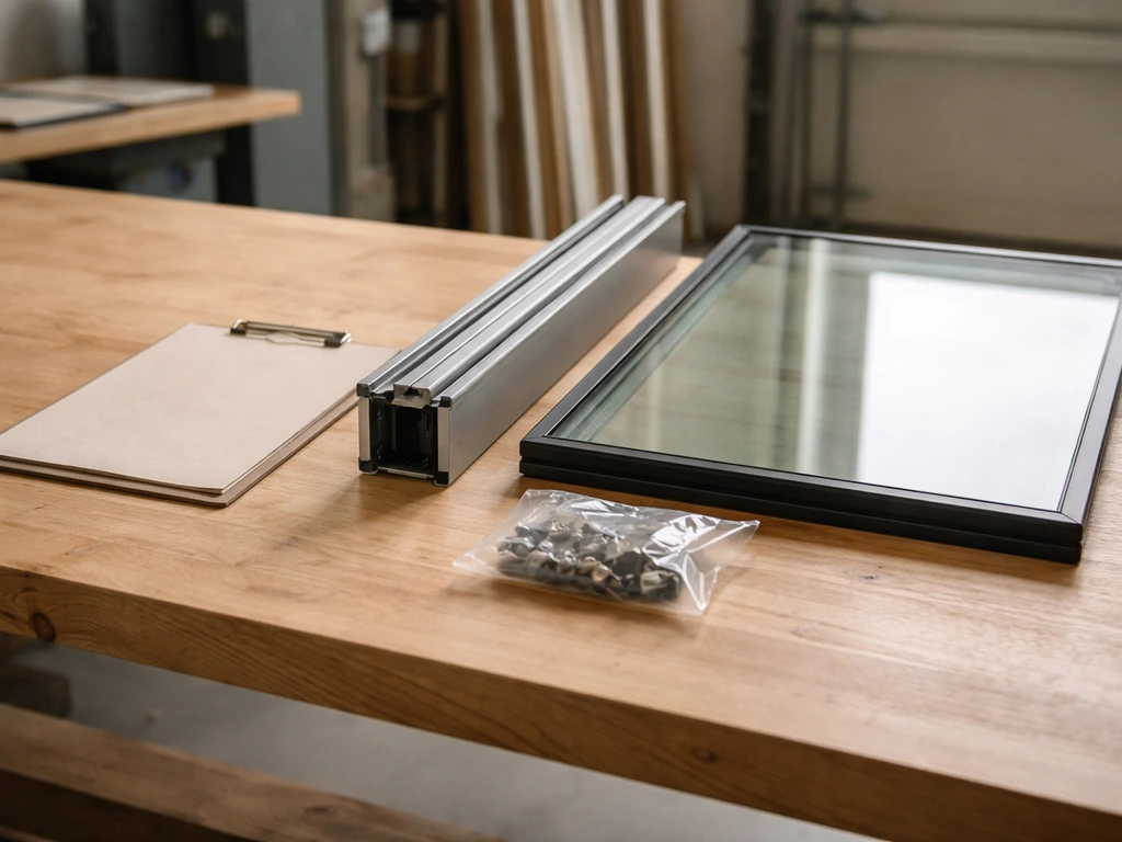 Close-up of a clipboard with written quote beside patio door components in a clean workshop setting.
