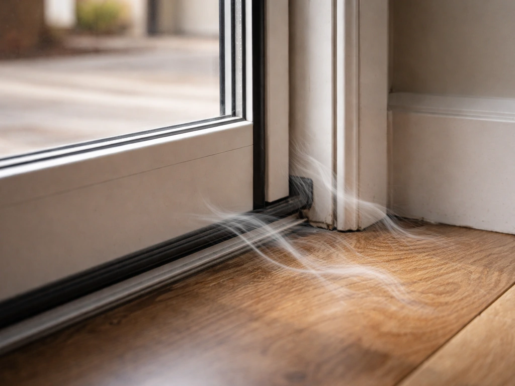 Close-up patio door frame showing faint draft wisps around weatherstripping and door gaps.