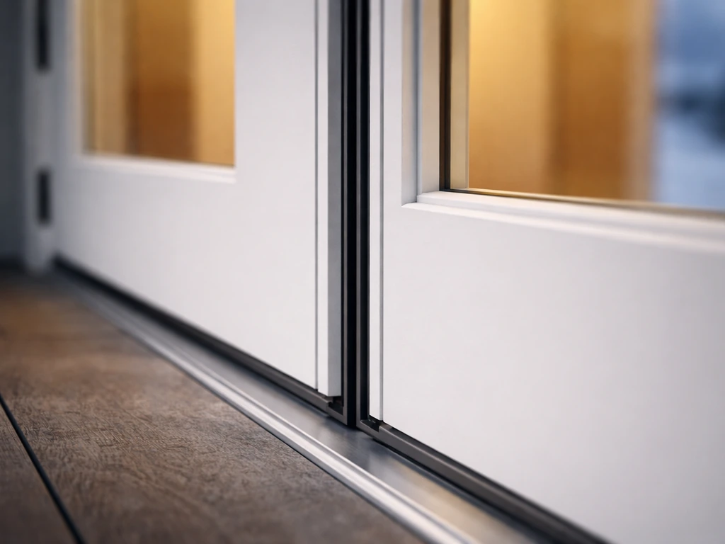 Close-up of two swinging French patio doors meeting tightly with visible weatherstripping seal.