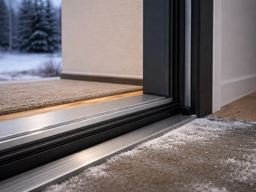 Close-up of a modern exterior door threshold with frost-free mat and a simple air gap seal, photographed indoors