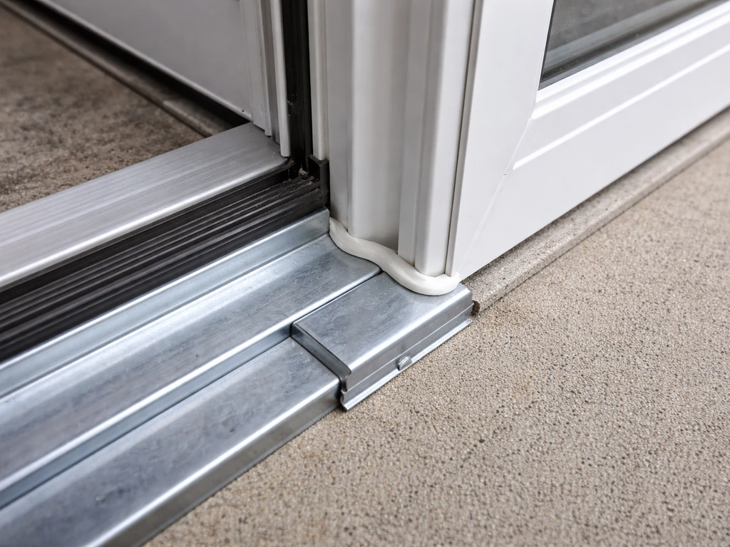 Close-up of patio door sill pan flashing with sealed perimeter and weatherstripping details