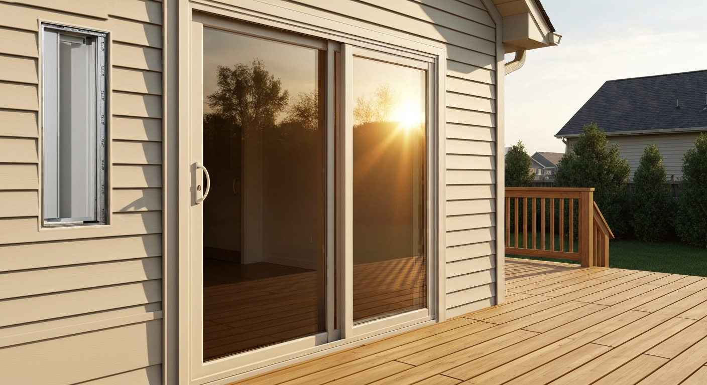 Exterior photorealistic view of a mid-range vinyl sliding patio door (6-foot) slightly open to a backyard deck, showing frame and double-pane glass detail.