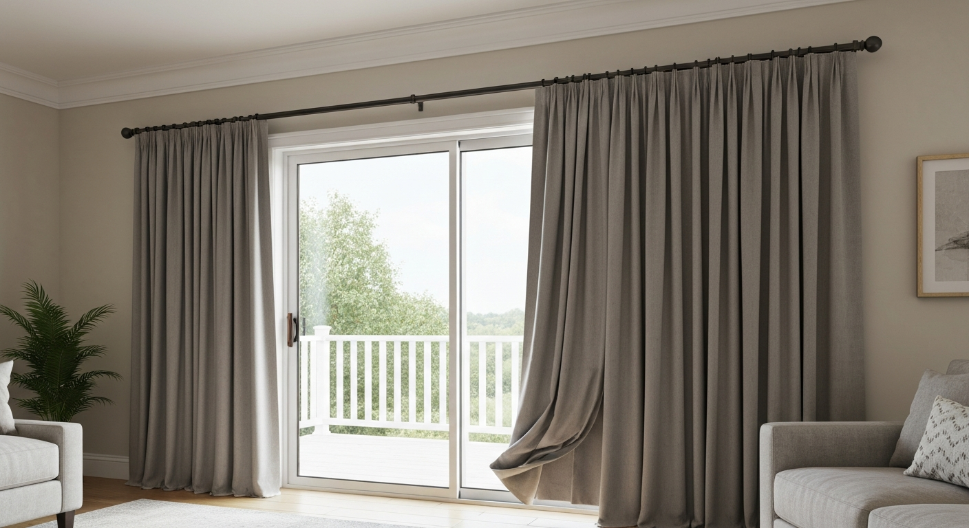 Living room with sliding patio door covered by heavy thermal drapes on an extended ceiling-close track; panels stacked clear of the sliding panel and hovering just above the floor.
