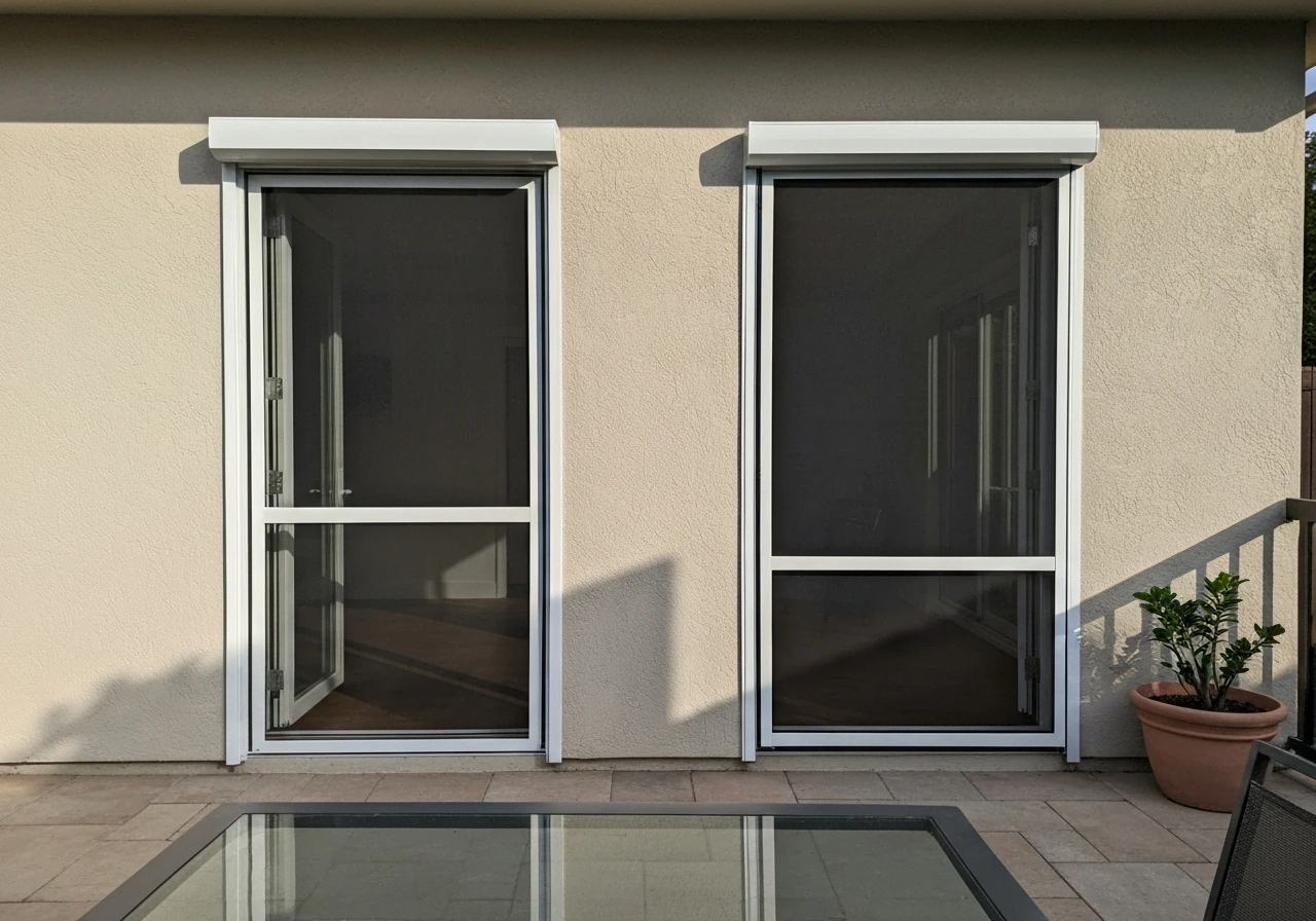 Minimal side-by-side photo showing retractable patio screen options in a simple outdoor setting
