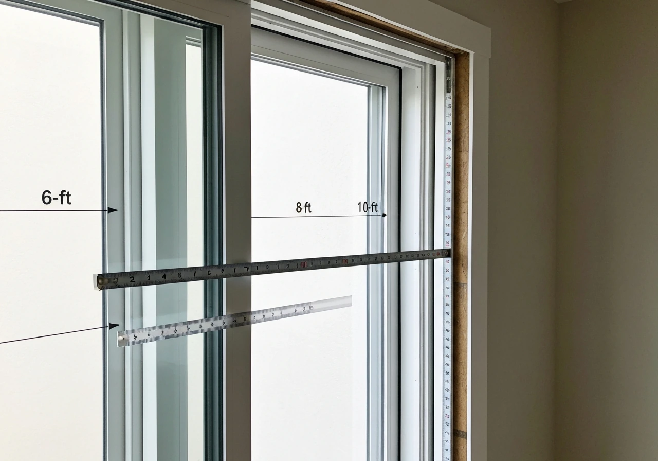 Indoor view of patio door frames with measuring tape showing 6-ft, 8-ft, and 10-ft opening widths.