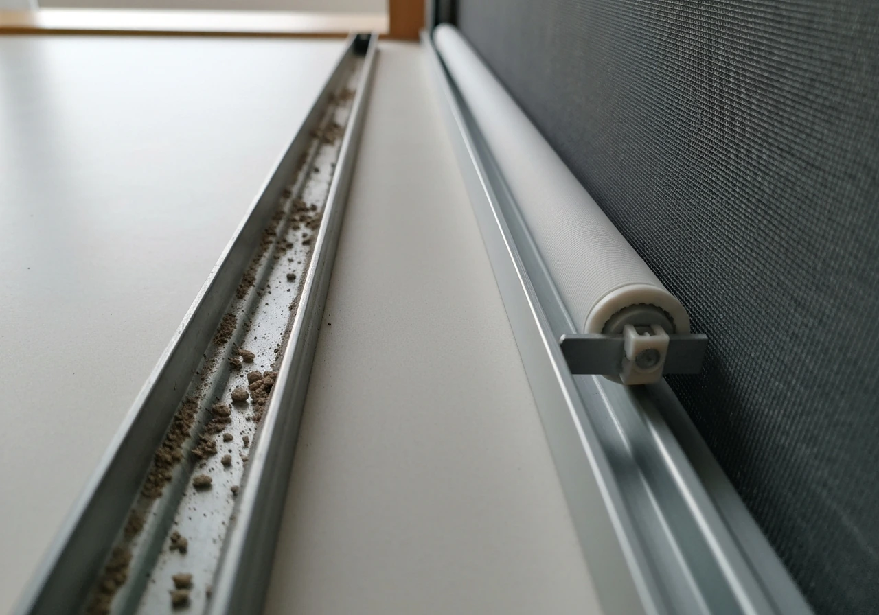 Close-up of two window sill tracks, one bowed with debris and one straight, with a retractable screen roller.