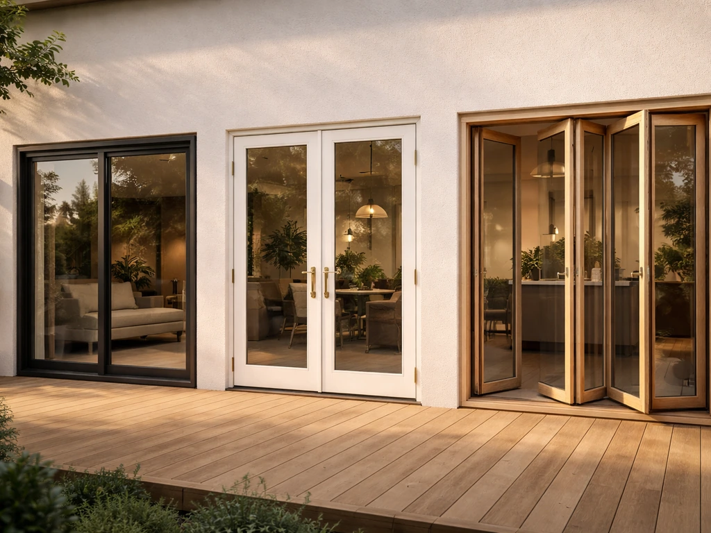 Inviting home exterior with three patio door styles—sliding, French, and bifold—shown side by side.