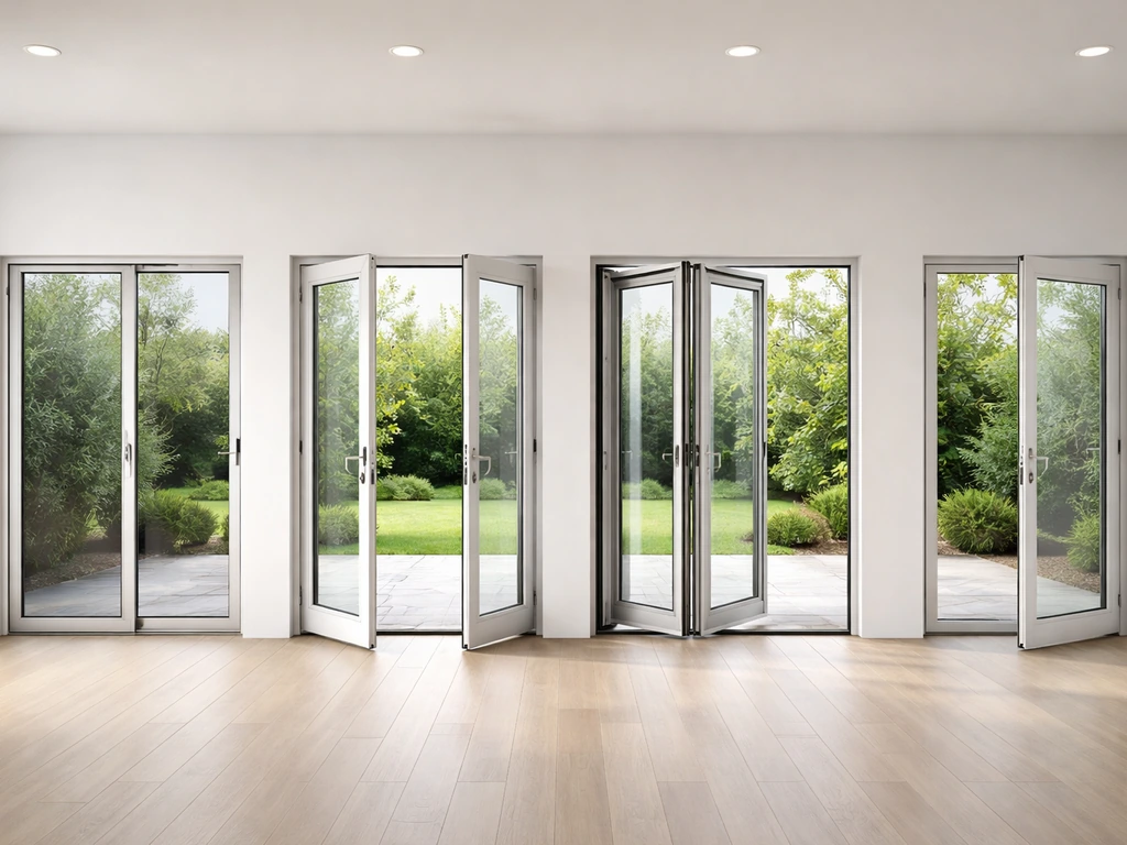 Four different patio door styles side-by-side: sliding, French, bifold, and single hinged.