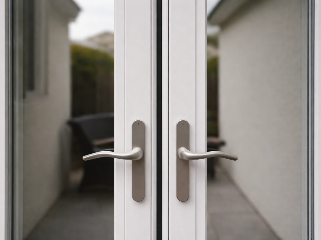 Closed French patio doors with the centered meeting stile showing the compression seal line.