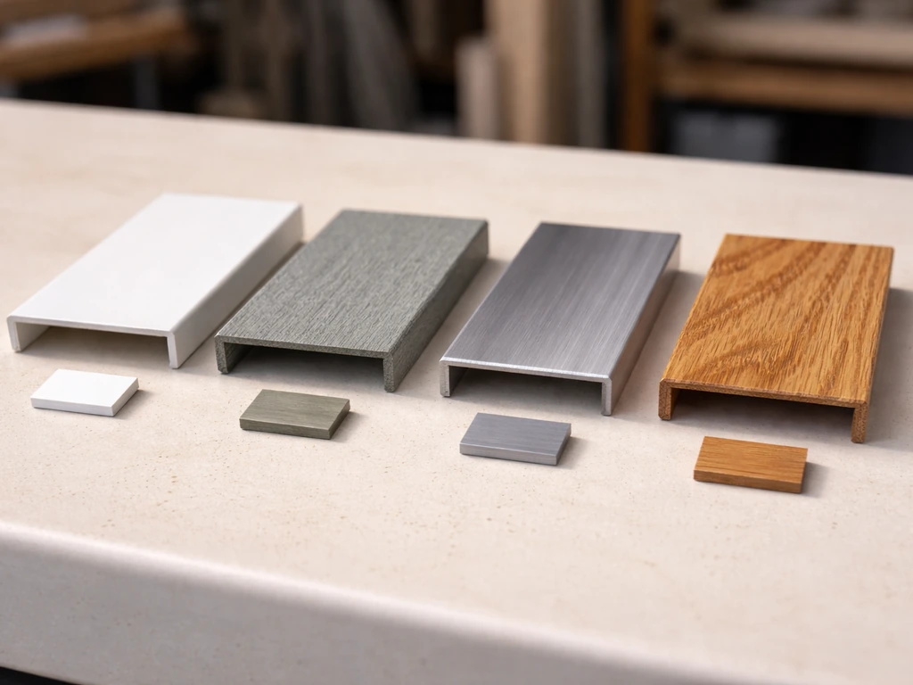 Close-up of window frame material swatches: vinyl, fiberglass, aluminum, and wood finishes laid on a table.