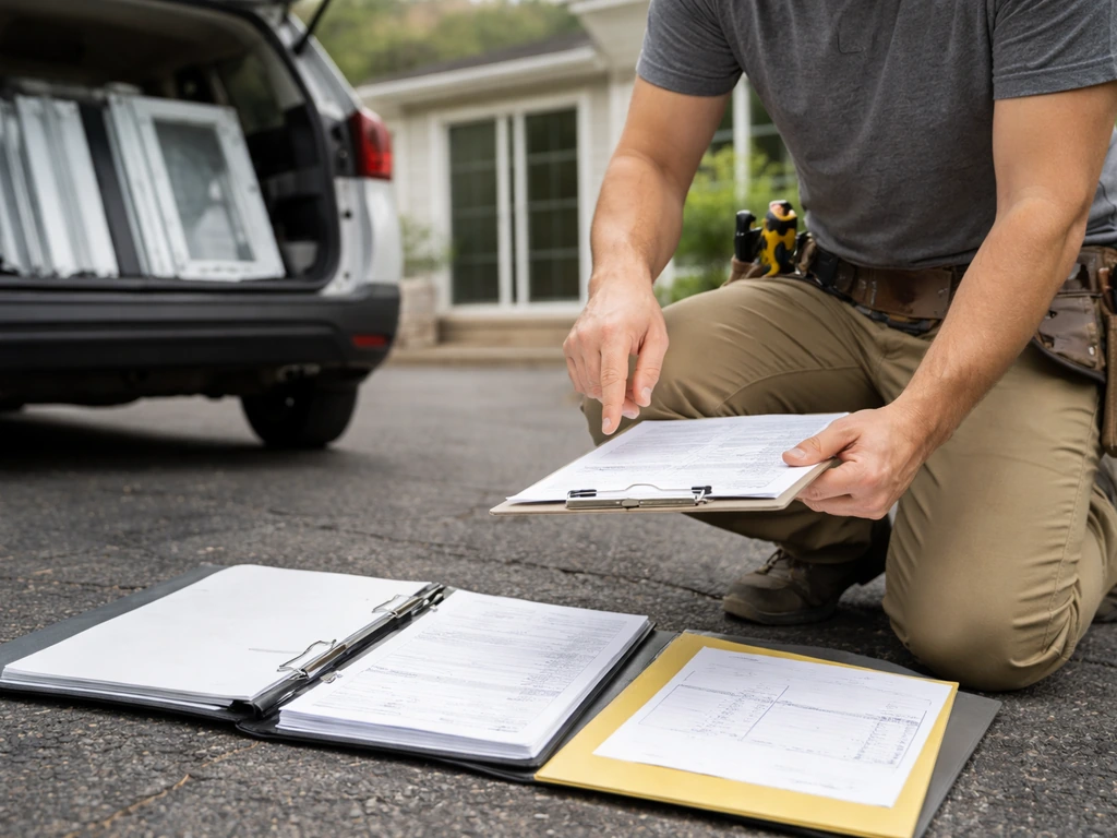Installer reviewing patio door replacement cost paperwork at a quiet home exterior with door materials nearby.