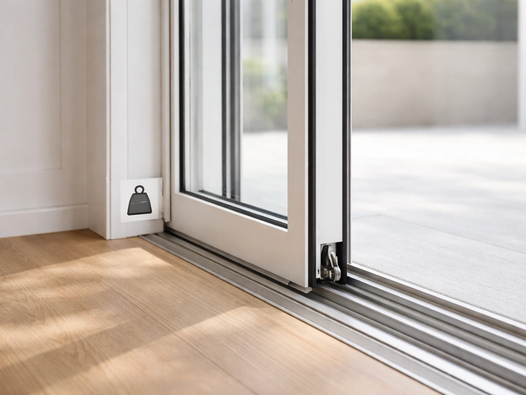 Close-up of a sliding patio door with visible frame, glass panel, and a generic weight icon label.
