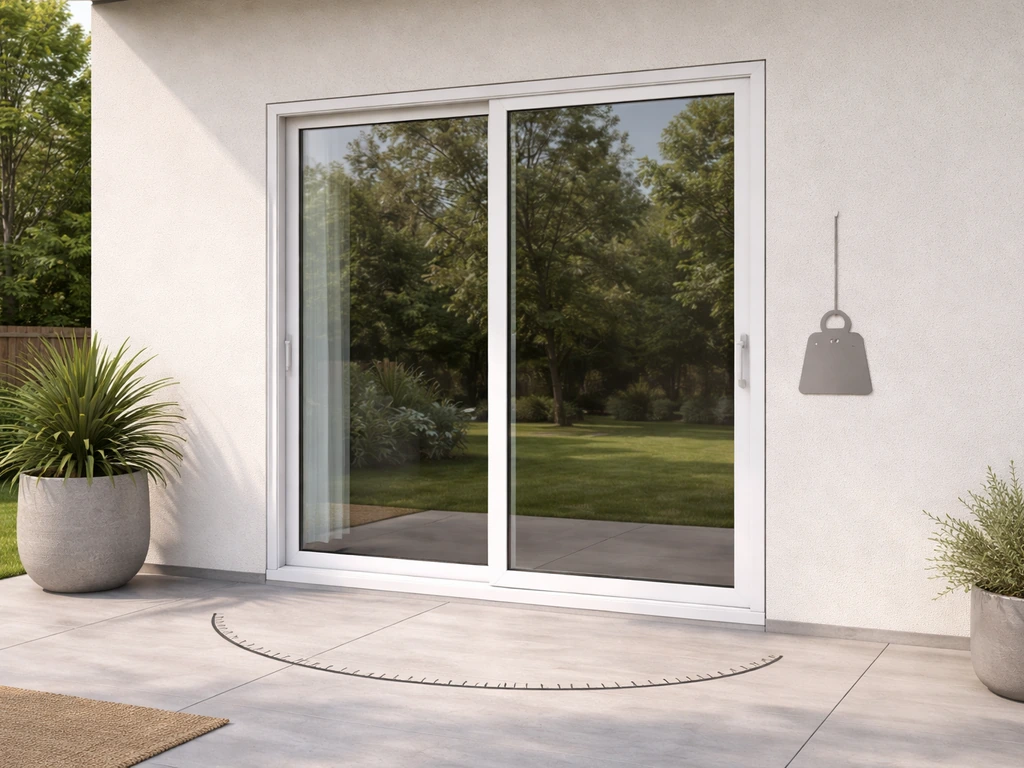 Minimal photo of a sliding glass patio door with a simple weight reference callout next to it