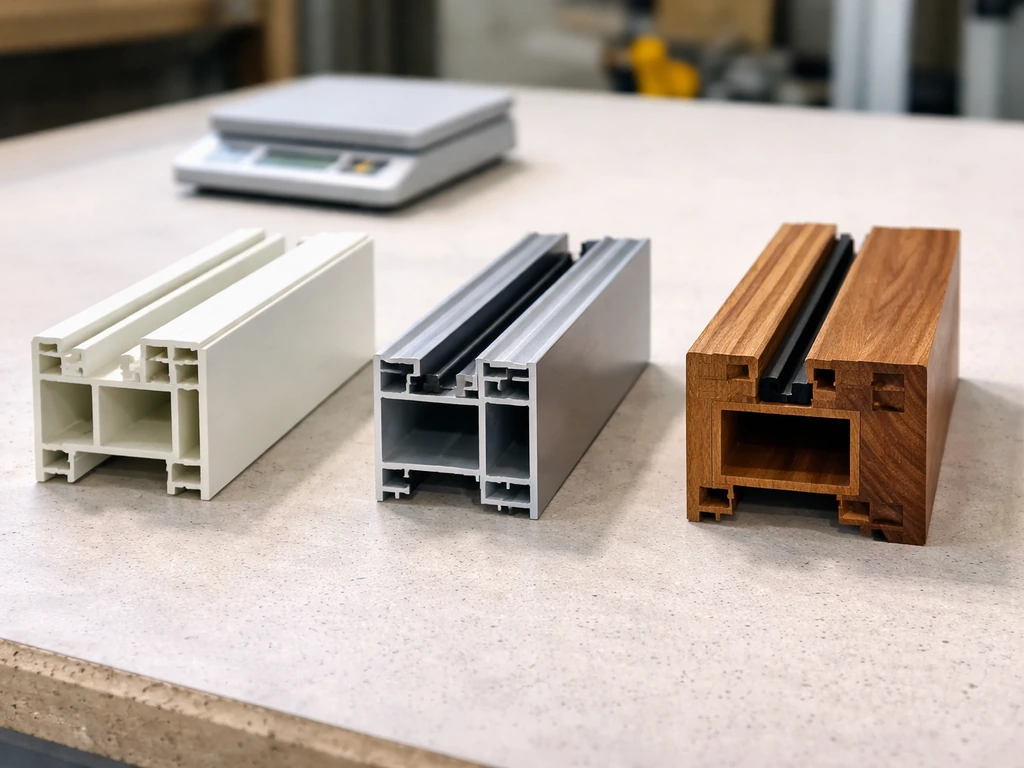 Three window frame material samples on a workbench—vinyl, aluminum, and wood—shown side by side.