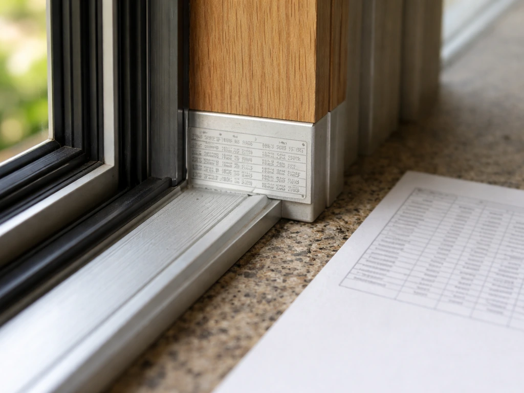 Close-up of a patio door frame jamb label with a model number and a nearby spec sheet weight reference