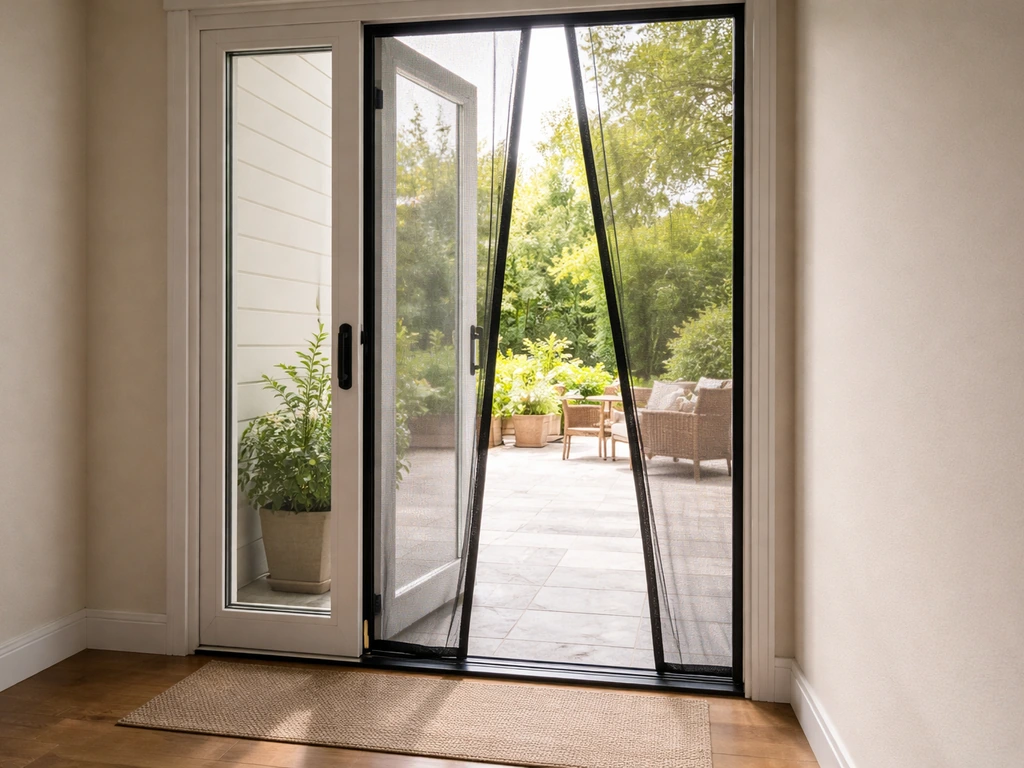 A patio door with an installed walk-through screen opened, revealing a clear entry passageway.