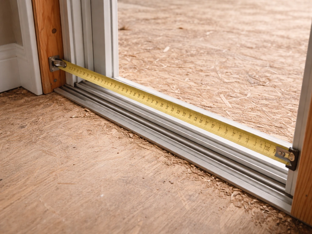 Close-up of a tape measure measuring a patio door rough opening for a sliding screen