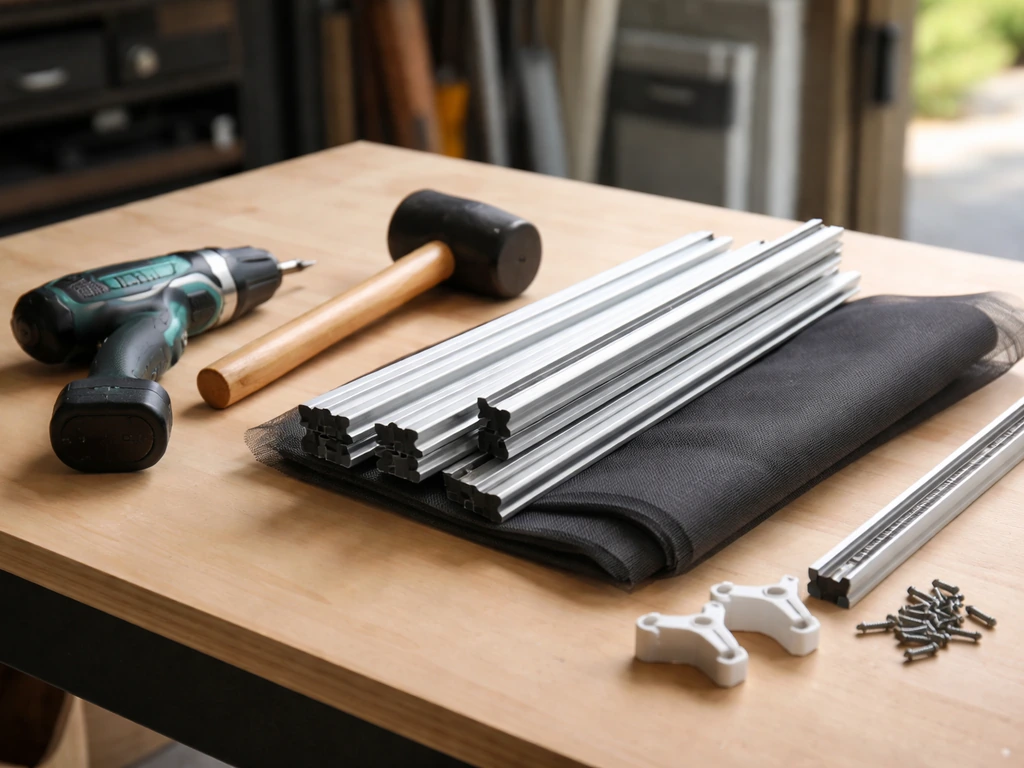 Screwdriver and rubber mallet next to sliding screen panel parts on a simple workbench