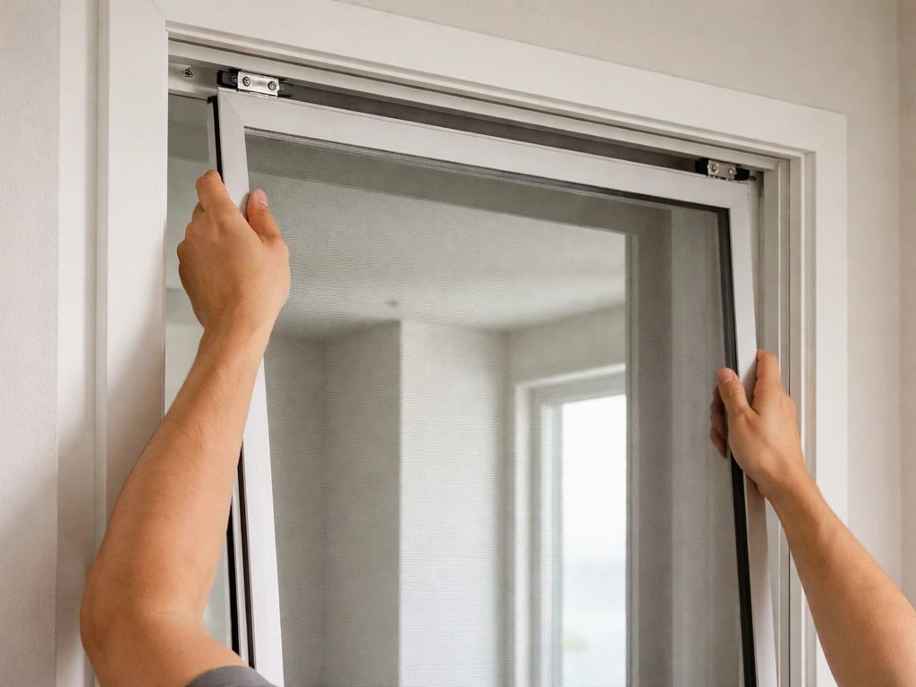 Homeowner’s hands installing a sliding screen panel, lifting into the top track and swinging the bottom into place.