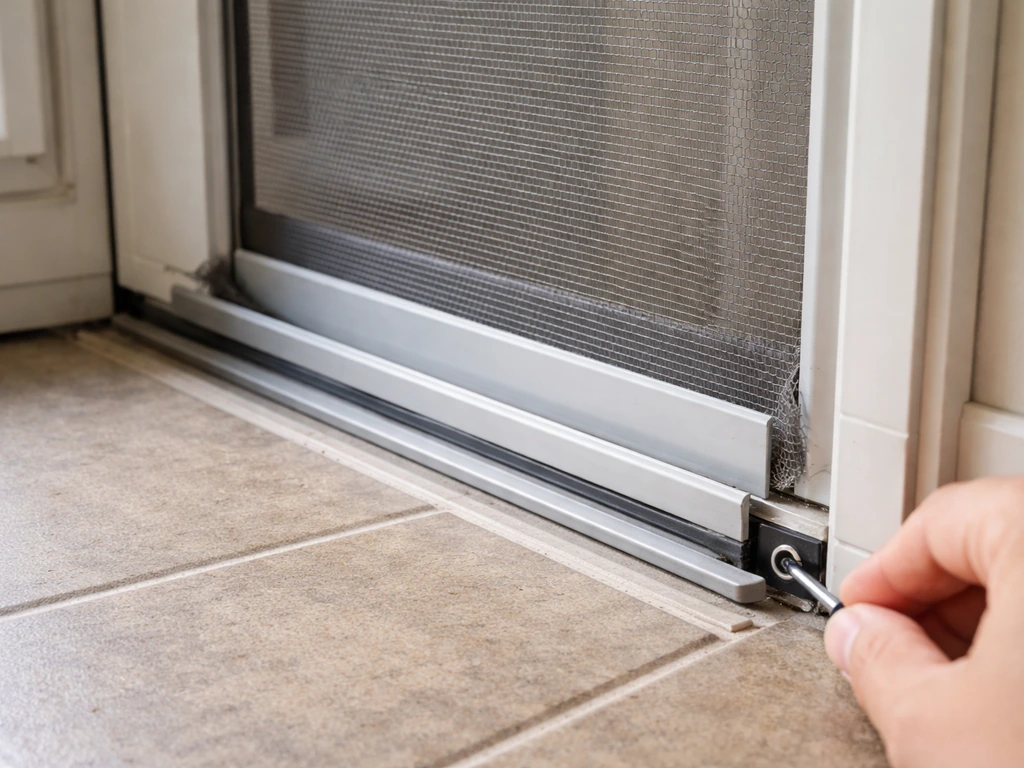 Close-up of a sliding screen door with a hand adjusting the bottom screw to lift the panel, showing track gaps and rubbi