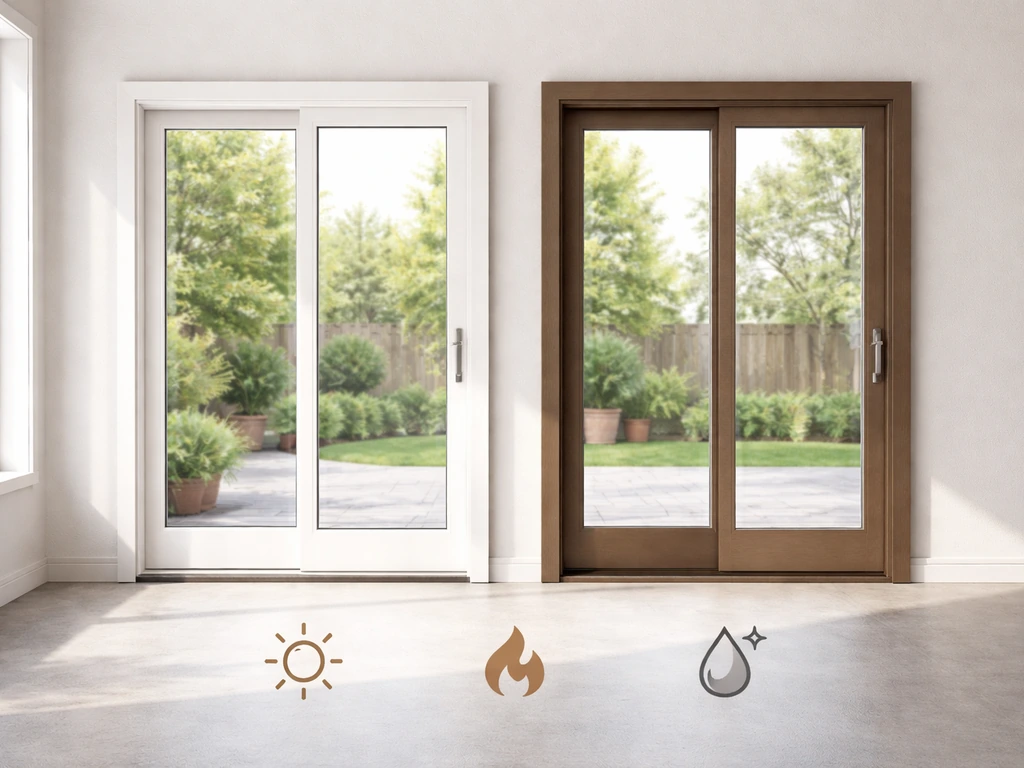 Side-by-side vinyl and fiberglass patio door samples with simple climate, energy, and maintenance icons.