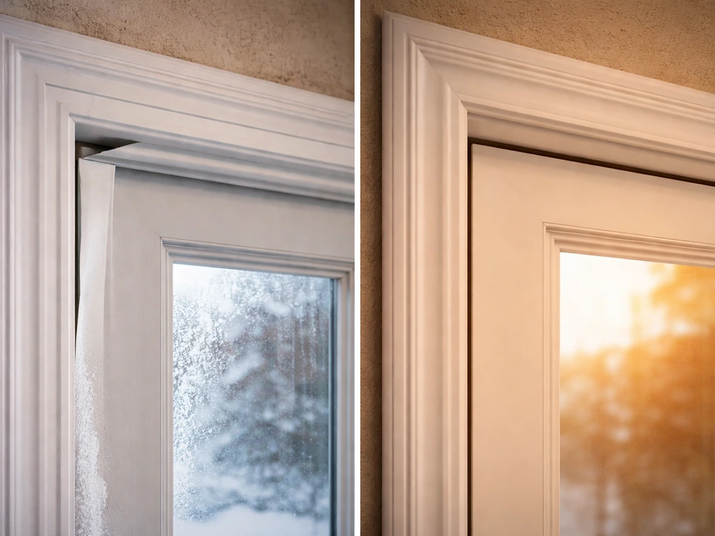 Vinyl door frame shows thermal stress in cold/heat while fiberglass frame stays straight and rigid.