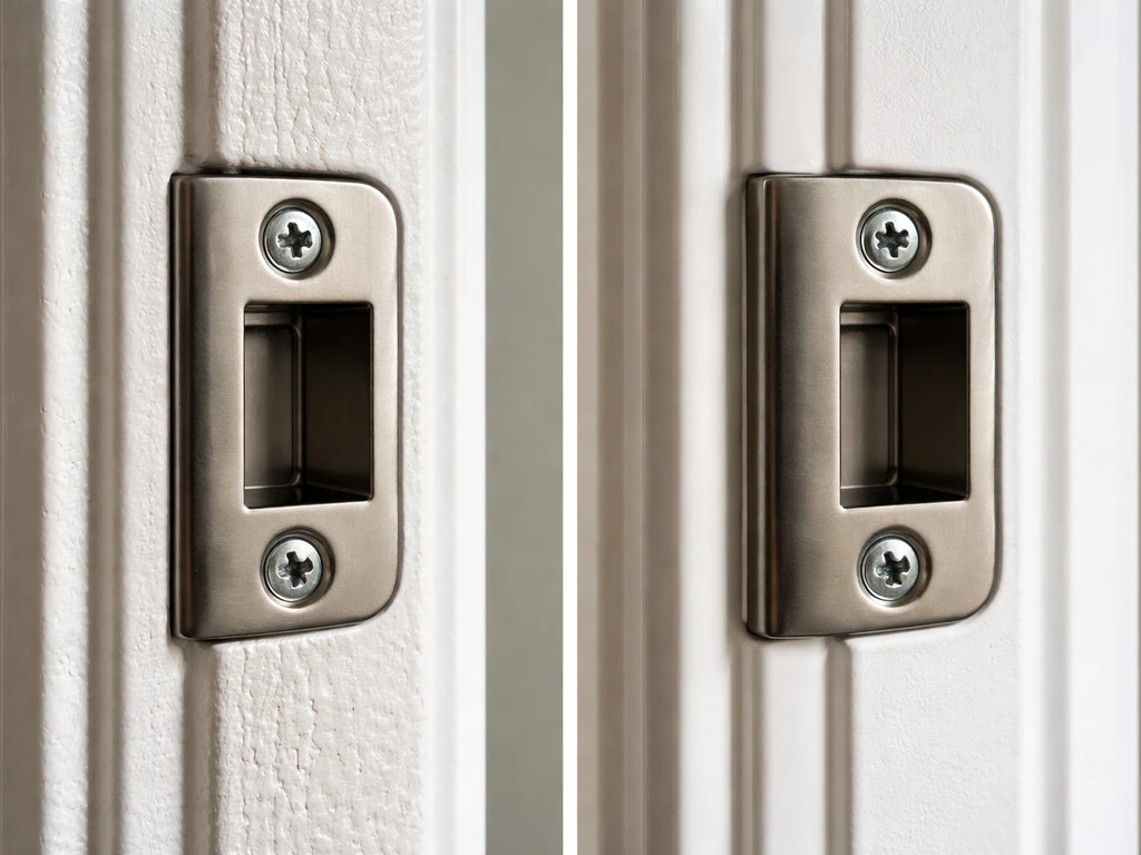 Close-up comparison of a lock/handle mounting on fiberglass vs vinyl door frame, showing firm vs flexible anchoring