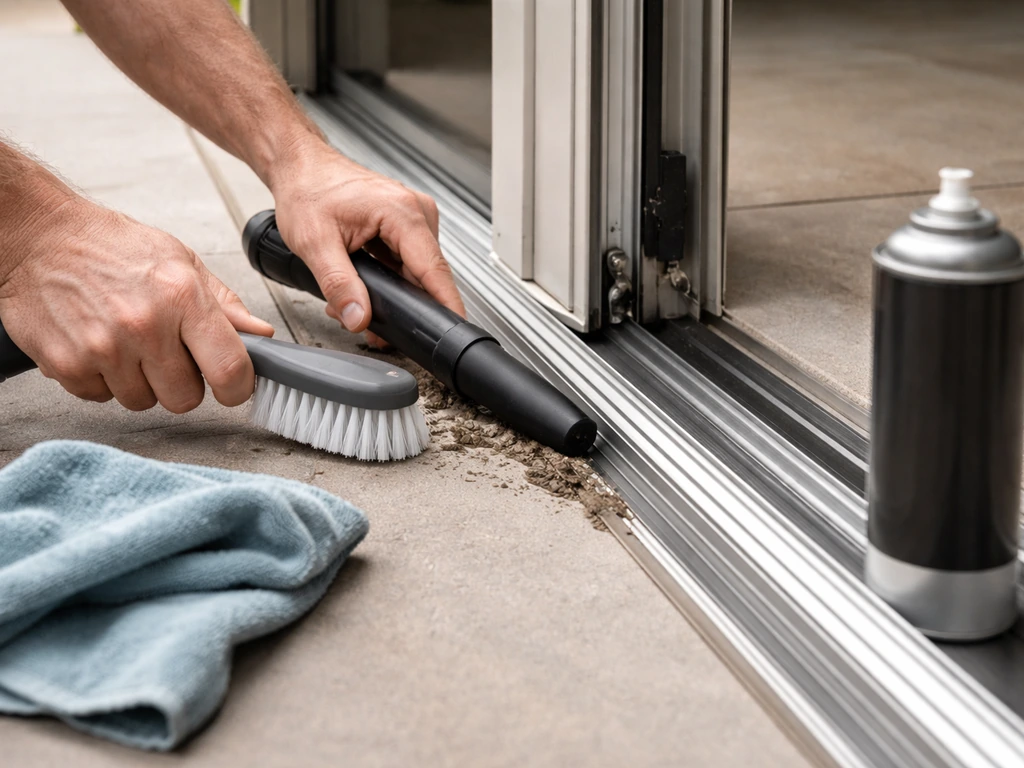 Hands cleaning a sliding patio door track with a stiff brush and vacuum, cloth and silicone spray nearby.
