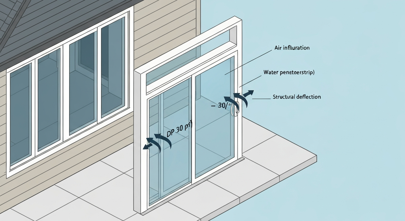 Infographic of a patio door showing design pressure label and arrows for positive and negative wind pressure with callouts for air, water, and structural performance.
