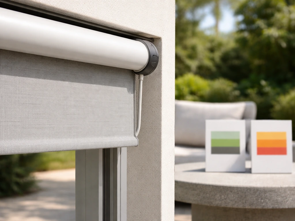 Motorized patio roller shade partially extended with blurred colored cards hinting at price tiers.