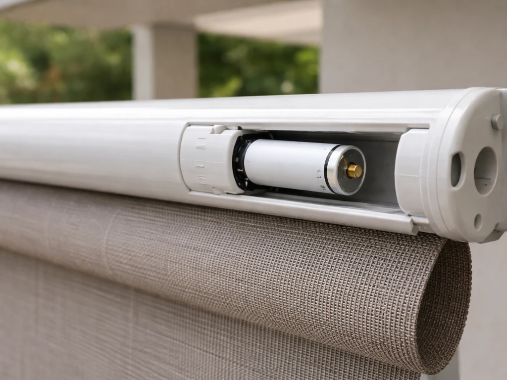 Close-up of a battery-powered roller shade motor head tube with battery compartment in a patio setup.