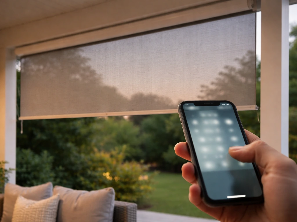 Smartphone in hand controlling a motorized patio shade on a quiet outdoor covered patio.
