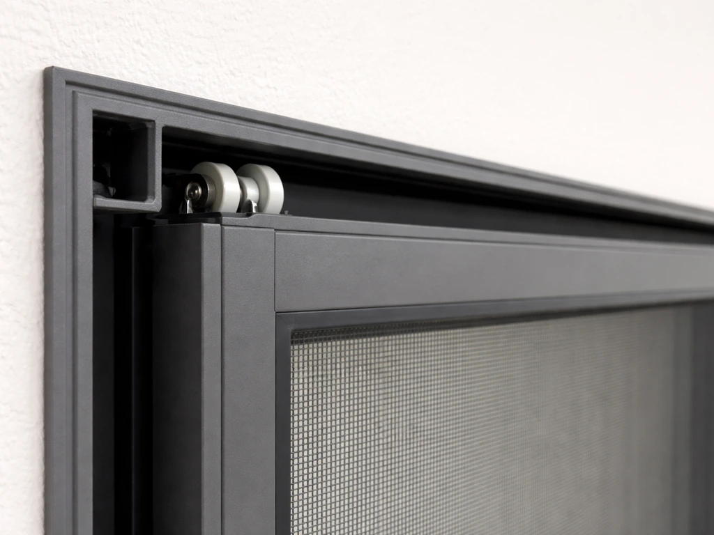 Close-up of a sliding patio screen door top track with the door edge and rollers seated in the head channel.