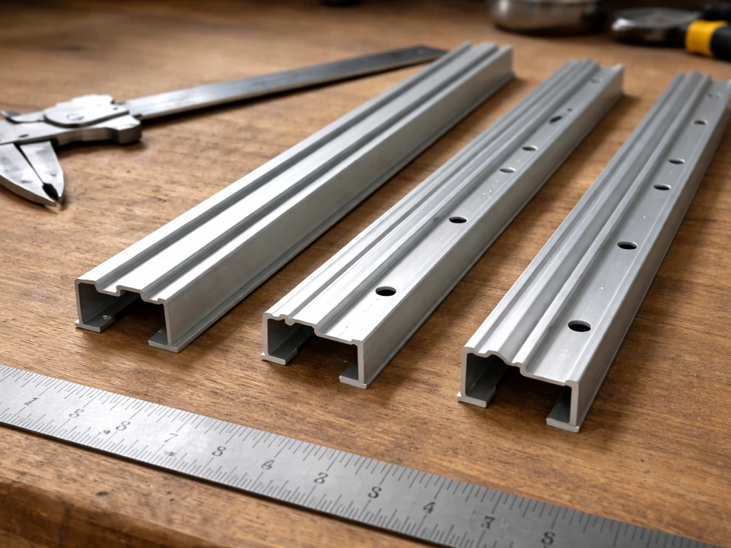 Patio screen top track pieces and metal caliper on a wood bench for measuring fit and hole spacing.
