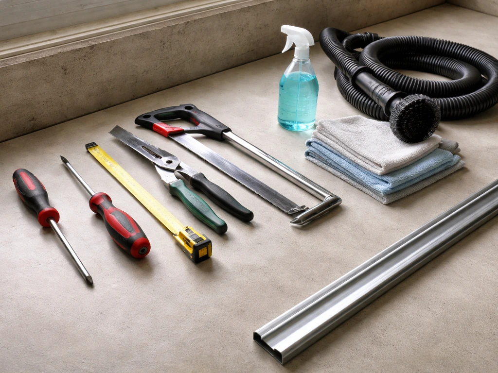 Hand tools and cleaning supplies laid beside a replacement top track for a screen door repair.
