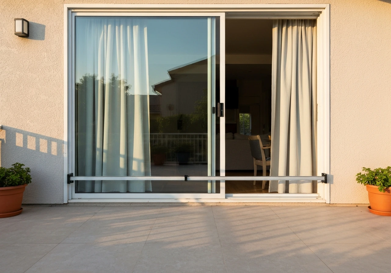 Wide patio view with a sliding glass door and a security bar locked in the track