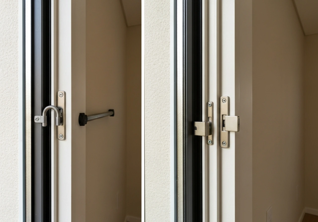 Split view of a patio door track security bar versus a door-edge security lock/latch hardware.