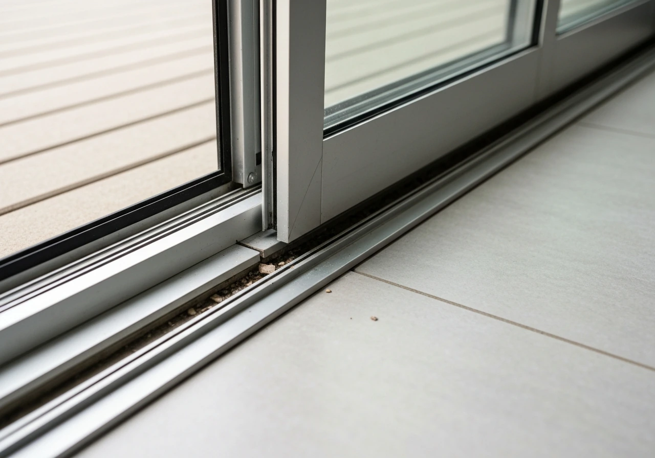 Close-up of a sliding patio door bottom track with debris, a small gap, and the panel slightly lifted.