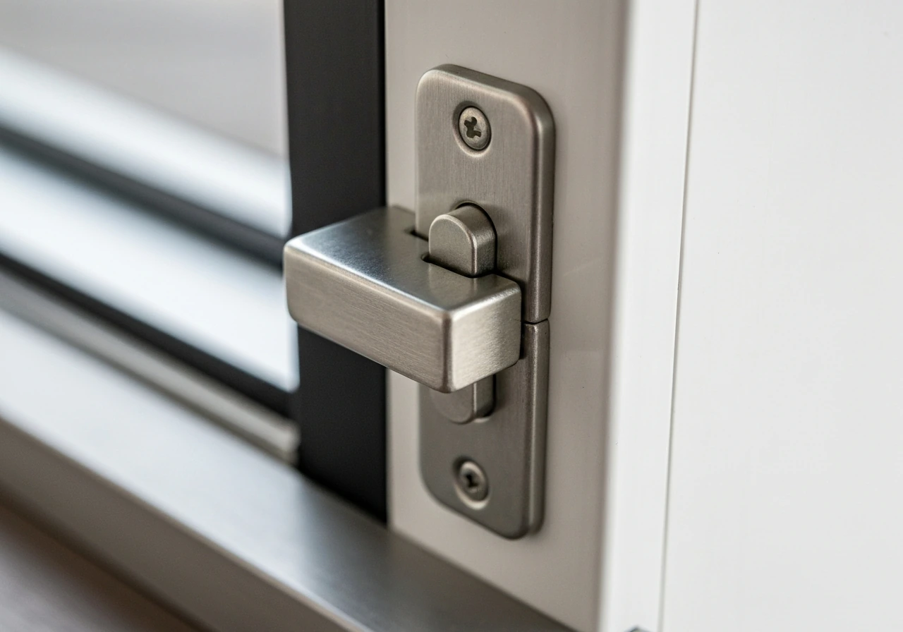 Closeup of an existing single-point patio door latch on the door edge showing the engagement point.