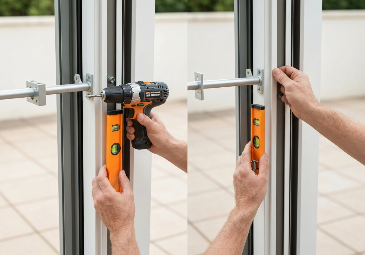 Hands drilling and leveling a patio door security bar on the door frame, door closed and latched.