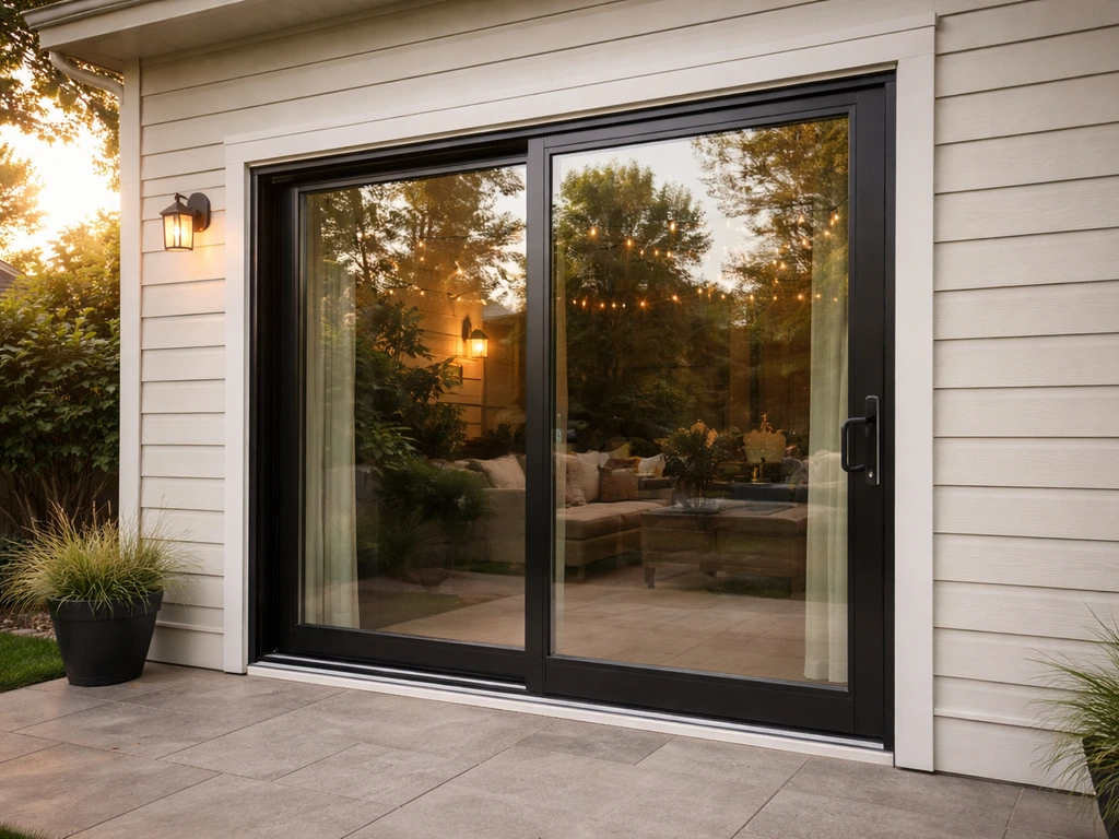 Close view of a modern patio door installation on a home exterior with visible hardware and frame detail