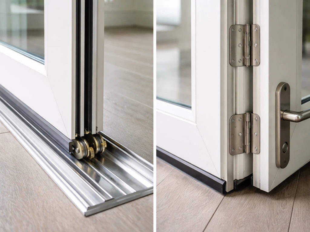 Side-by-side closeups of a sliding patio door track and a hinged French-style door with hardware.