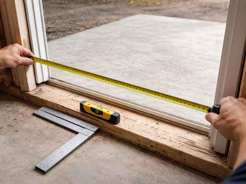 Close-up hands measuring a patio door rough opening with a tape measure, level, and square.