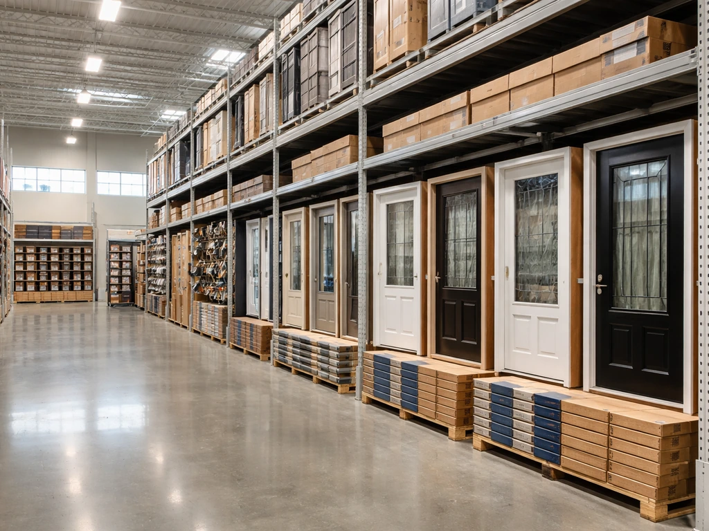 Quiet view of a home improvement store aisle showing exterior door and window displays for retail sale.